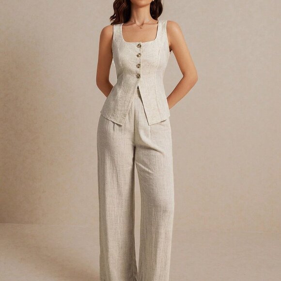 Khaki Casual Women's Summer Linen Color Linen Suit Vest Two-Piece Set - Picture 1 of 7